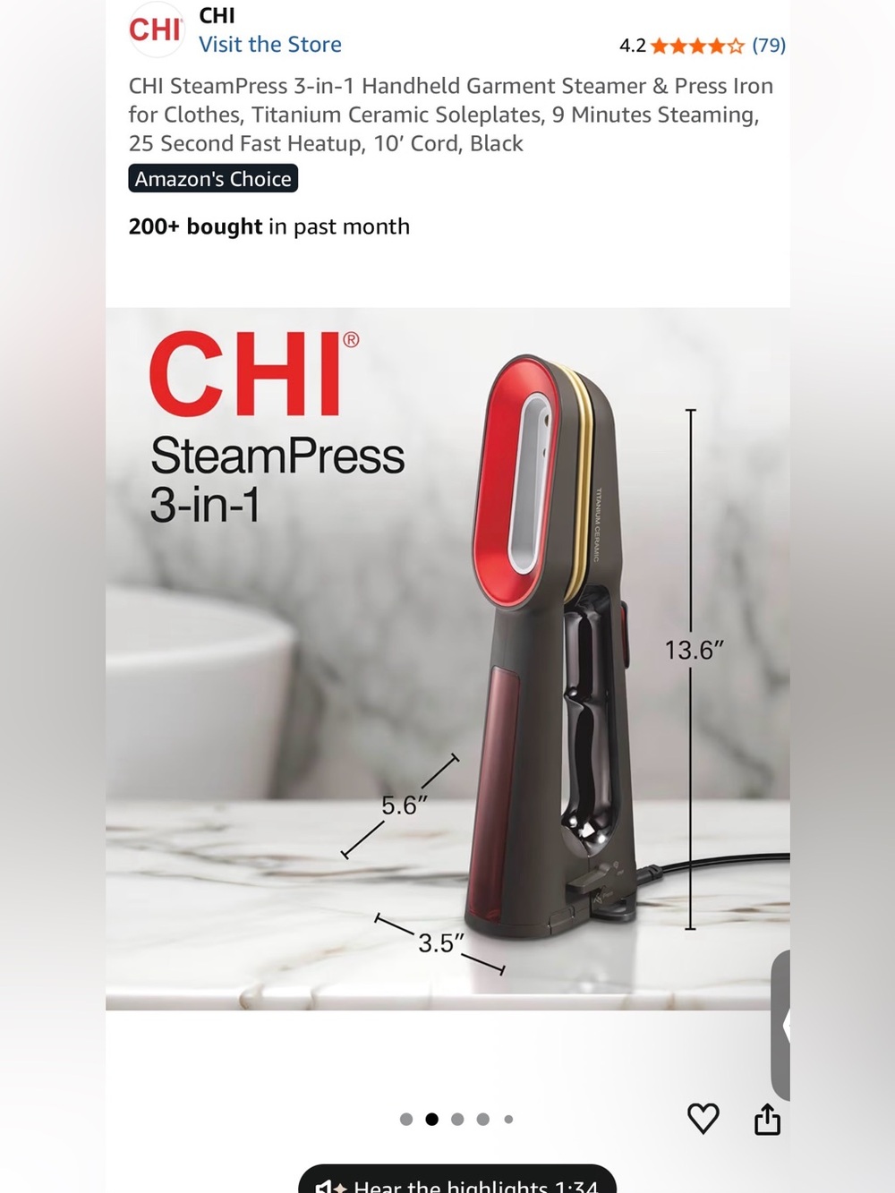 CHI SteamPress 3-in-1 Handheld Garment Steamer & Press Iron for Clothes